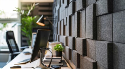 In a minimalist home office acoustic panels made from sustainable materials are used as clever wall décor. The panels with their minimalist design not only contribute to the overall . - obrazy, fototapety, plakaty
