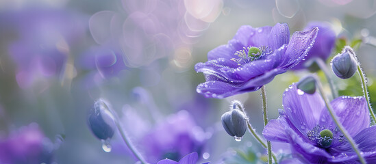 Lavender Color Anemone  Flowers Glistening With Morning Dew, Soft Bokeh In The Background