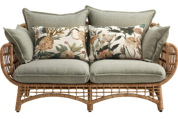 Rattan 2seater sofa with floral cushions - obrazy, fototapety, plakaty