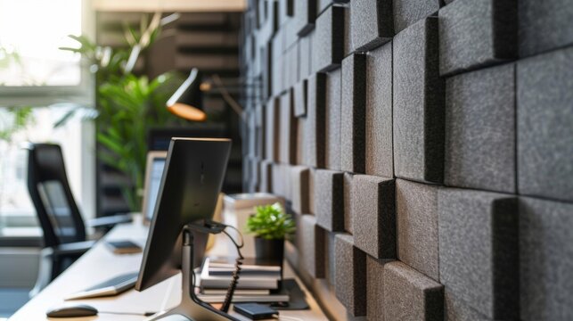 In a minimalist home office acoustic panels made from sustainable materials are used as clever wall décor. The panels with their minimalist design not only contribute to the overall .