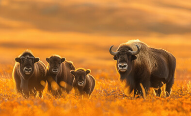 A group of musk oxen in the tundra, with one adult and three young in their natural habitat - obrazy, fototapety, plakaty