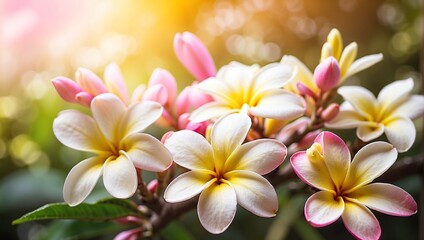 A bouquet of white and pink plumeria flowers against a blurry background with a bright light in the top left corner.

