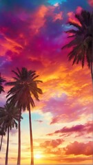 Fototapeta na wymiar Summer Palm trees during sunrise time, Colorful clouds