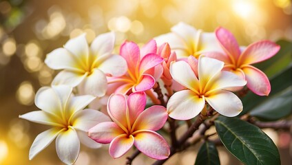 A bouquet of white and pink plumeria flowers against a blurry background with a bright light in the top left corner.

