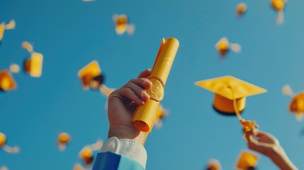 A person is holding a diploma and a cap while flying through the air. Concept of accomplishment and pride, as the person has just graduated. The bright yellow color of the diploma