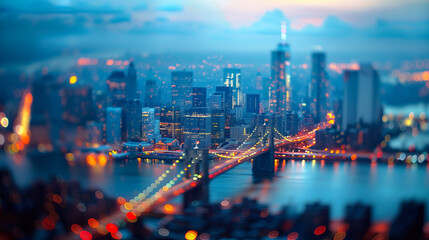 A Dreamlike View Of A City Skyline And Bridge Captured  With A Tilt-Shift Effect