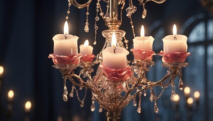 A chandelier with pink rose-shaped candles.


