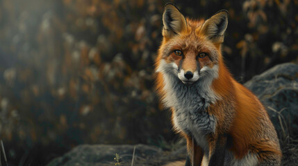 closeup of a Fox sitting calmly, hyperrealistic animal photography, copy space