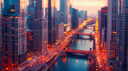 The Warm Glow Of Sunset Reflected In The City's Waterway, Framed By A Soft-Focus Tilt-Shift Effect