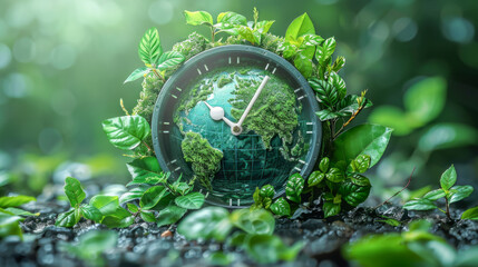 Clock surrounded by foliage, time for eco action, green urgency, Earth day concept