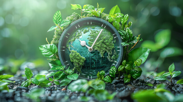 Clock surrounded by foliage, time for eco action, green urgency, Earth day concept