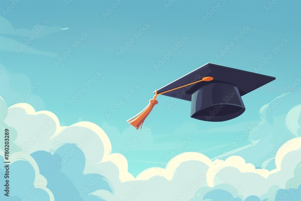 Poster A black graduation cap with a purple and yellow tassel is flying in the sky.