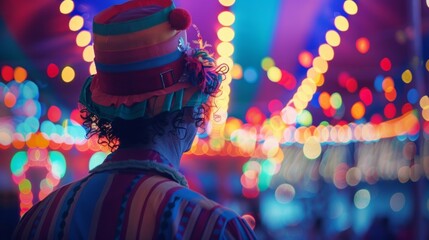 A clown with oversized shoes head turned towards the circus tent where the multicolored lights shine. . . - obrazy, fototapety, plakaty