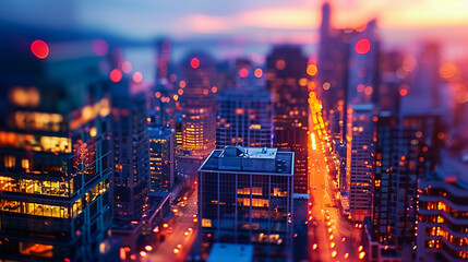 The City's Pulse At Dusk, Highlighted By The Vivid Streaks Of Traffic And Urban Lighting With A Miniature Effect - obrazy, fototapety, plakaty