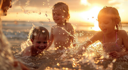 A group of happy children playing in the water at sunset