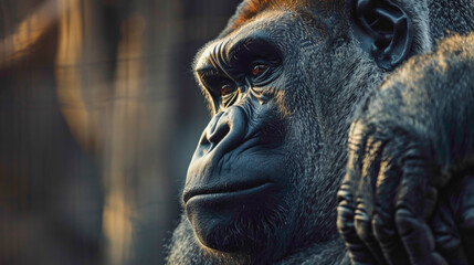 Fototapeta na wymiar closeup of a Gorilla sitting calmly, hyperrealistic animal photography, copy space