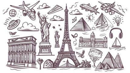 Whimsical Travel with Doodled Landmarks and Icons Generative ai