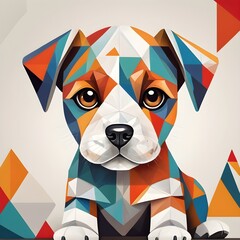 illustration of a cubism puppy dog, drawn with exceptional precision. The puppy, made up of geometric shapes, is a vibrant mix of colors and patterns, creating a playful and eye-catching design.