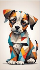 illustration of a cubism puppy dog, drawn with exceptional precision. The puppy, made up of geometric shapes, is a vibrant mix of colors and patterns, creating a playful and eye-catching design.