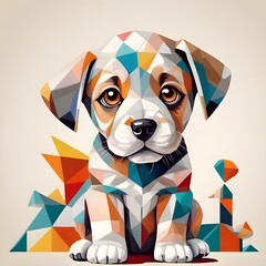 illustration of a cubism puppy dog, drawn with exceptional precision. The puppy, made up of geometric shapes, is a vibrant mix of colors and patterns, creating a playful and eye-catching design.