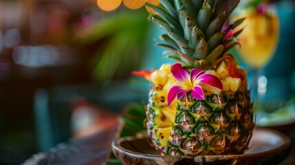 Close-up of a pineapple cocktail served in its hollowed-out shell, decorated with tropical flowers