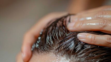 Close-up of a scalp massage, fingers moving through hair, stimulating blood flow, and releasing tension at the hairline