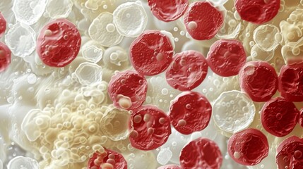 A micrograph showing the size comparison between red and white cells. The red cells are much smaller and more numerous while the larger