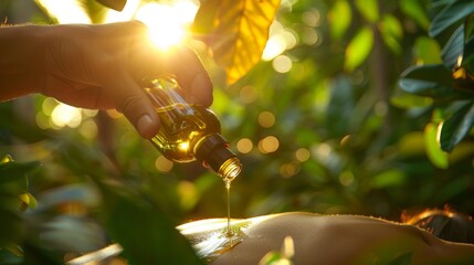 Close-up of aromatherapy massage, a hand pouring fragrant oil onto a persons back, sunlight dappling through leaves - obrazy, fototapety, plakaty