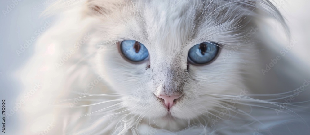 Poster a cute fluffy feline with a pristine coat and mesmerizing azure eyes gazes directly at the viewer