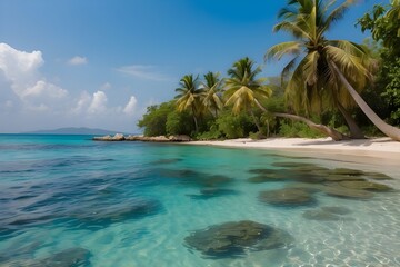 Jamaica Island has a lovely beach with palm trees and a blue water.