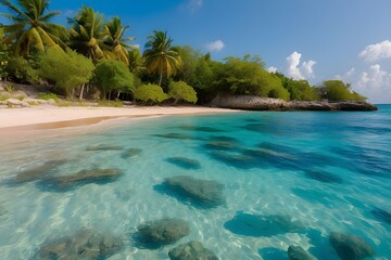 Jamaica Island has a lovely beach with palm trees and a blue water.
