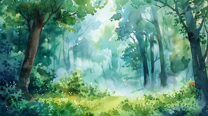 Watercolor depiction of a lush forest landscape, featuring a modern and minimalist background.