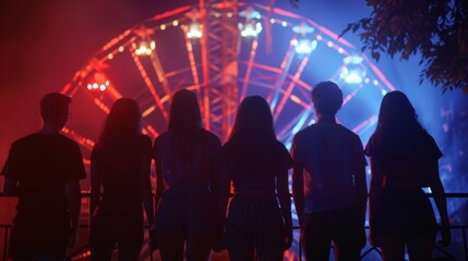 In the eerie glow of the ferris wheel a group of strangers face away from the camera silhouettes merging with the shadows and . .