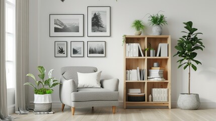 A cozy reading nook is nestled in the corner of the room with a comfortable gray armchair and a wooden bookshelf filled with books and some decorative plants. The walls are adorned . - obrazy, fototapety, plakaty