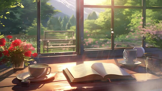 A cup of tea on the table on a sunny morning with natur views anime/cartoon style. V.6 4k virtual video animation.