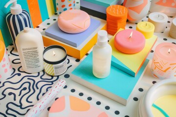 Pop art close-up of spa essentials: bold colors, graphic shapes, and playful patterns highlight...