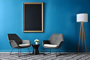 Modern interior of room with armchair on blue wall background. Two chairs and table