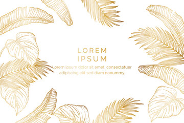 Luxury gold nature background vector. Floral pattern, Golden split-leaf Philodendron plant with monstera plant line arts, Vector illustration. © Rizal