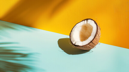 Freshly halved coconut on a brightly colored background, highlighting texture and moisture with natural light, off-center composition.
