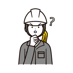 考えて作業をする建築現場で働く笑顔の日本人女性会社員の上半身とハテナのイラスト素材