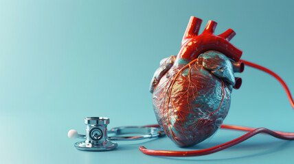 A 3D, Highly detailed anatomical heart model with a stethoscope on a blue background, medical concept.