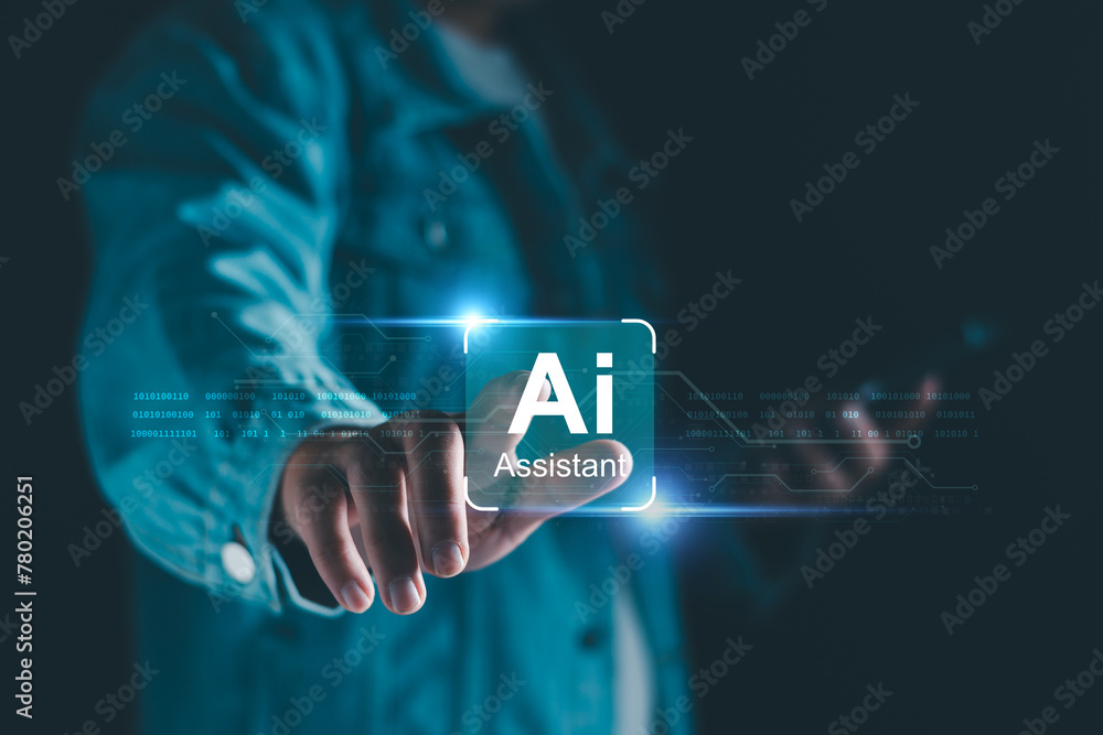 Poster chat robot ai assistant concept. business man show smart ai chatbot. modern technology ai or artific