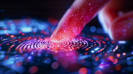 Closeup of a finger touching a digital touch screen, with red light effects, swirling vortexes and a bokeh background. High-tech security concept - obrazy, fototapety, plakaty