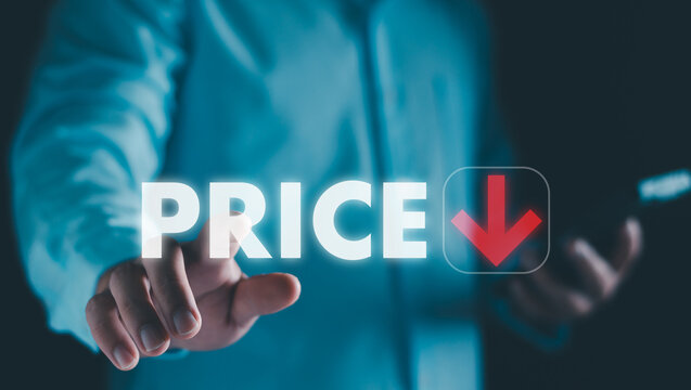 Low price concept. Businessman thouching arrow down, low price stimulate the economy and maeket. decline price