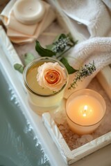 Obraz na płótnie Canvas Top-view shot of a bath caddy with a glass of infused water, a single rose floating in a bowl, and a stack of bath salts beside a lit candle