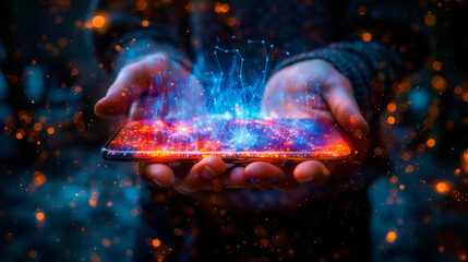 Hands holding a futuristic smart phone with a holographic interface, glowing lights and particles floating around the screen against a dark background with a bokeh effect