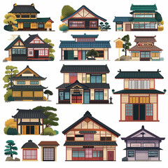 Set of illustration featuring a various of Japanese house style on white background, Generative AI	