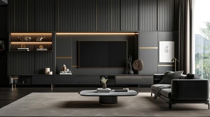 Cabinet for TV wall mounted in modern living room with decoration on dark wall background.3D rendering