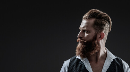 Mens beauty. Redhead brutal man portrait. Man with moustache. Barbershop. Brutal elegant man with...