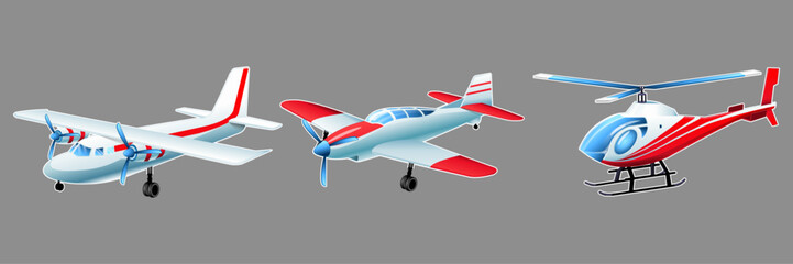 Fototapeta premium Set of Planes, helicopters vector illustration. Colored aircrafts, vector.